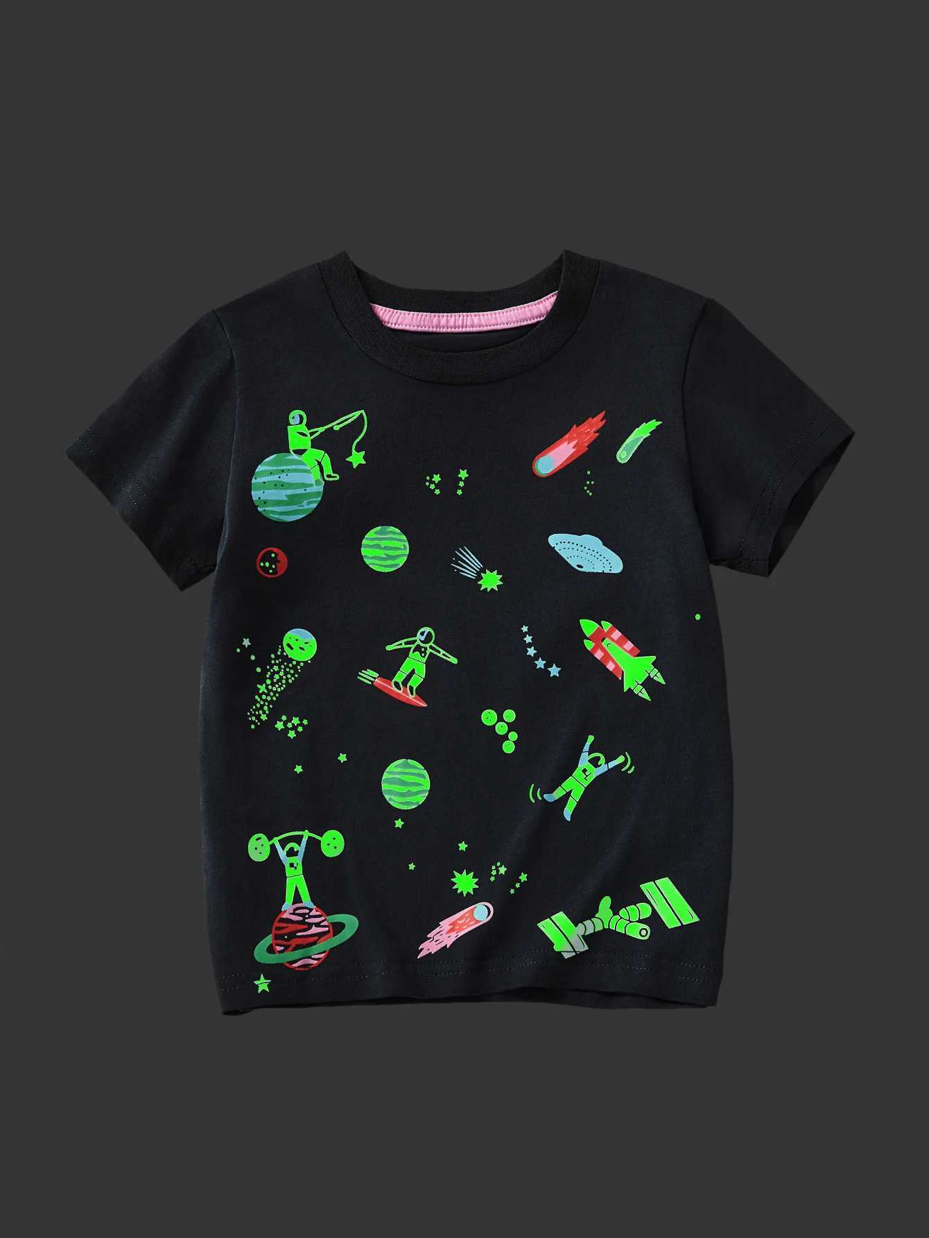 Childrens casual cotton luminous short sleeved T-shirt cartoon astronaut spaceship print summer breathable fashionW240718