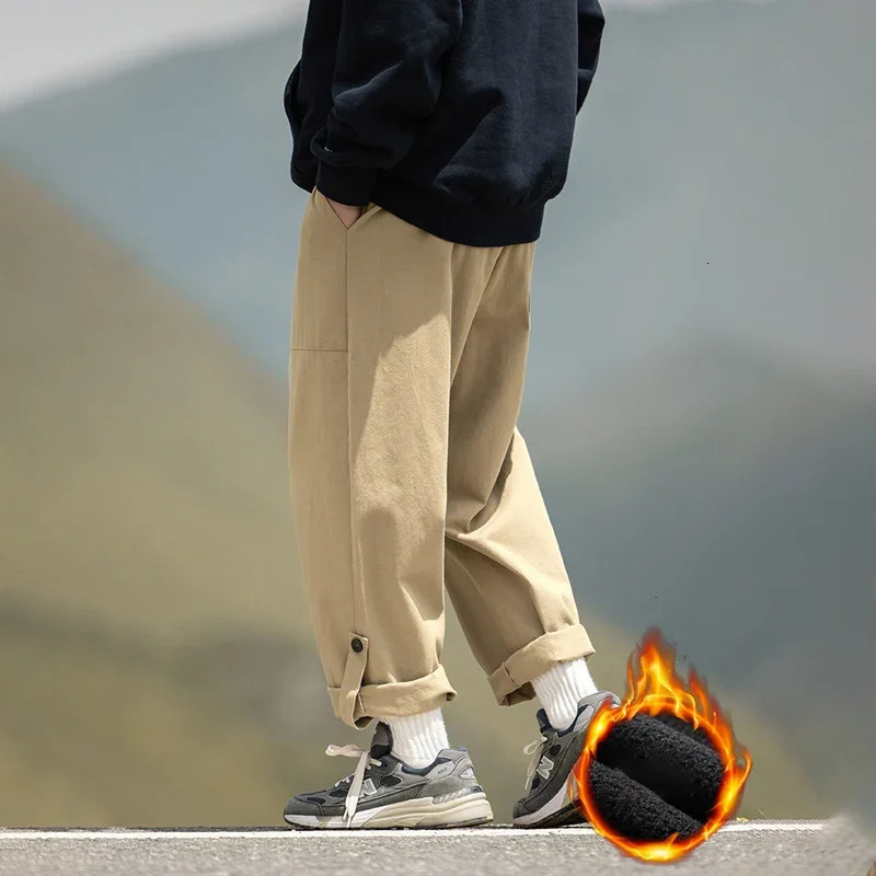 TFETTERS Mens Autumn Cargo Pants Baggy Mid Cotton Straight Leg Man Fleece Thickened Outdoors Trousers 240806