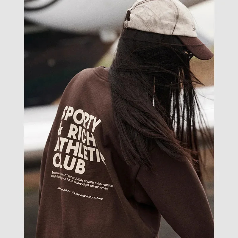 Spring North American Niche Sporty Rich Front And Back Letter Printed Fleece Round Neck Womens Hoodie 240806