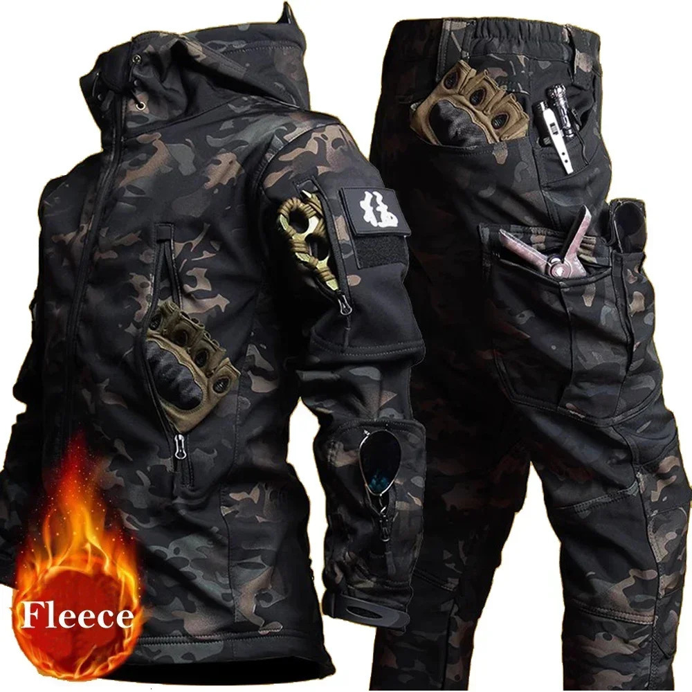Mens Winter Jacket Sets Fleeced Sharkskin Windproof Waterproof Padding Suits Paintball Uniform Pockets Camo 240806