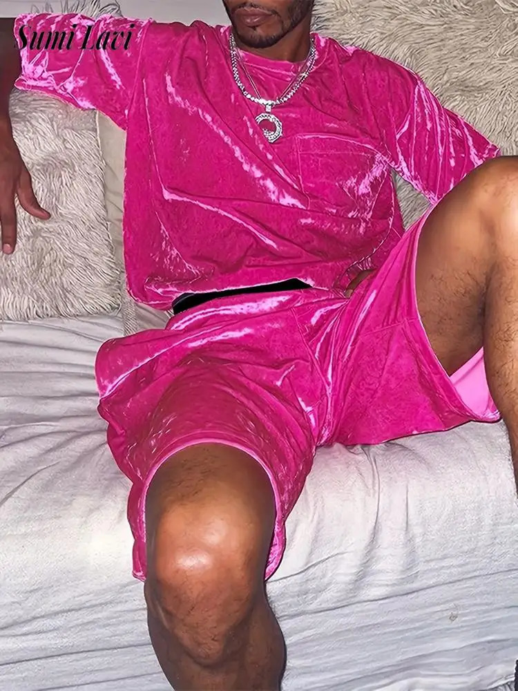 Fashionable Mens Velvet Outfits Summer Casual Solid Color O Neck Short Sleeve T Shirt And Shorts Suits Men Hip Hop Two Piece Set 240806