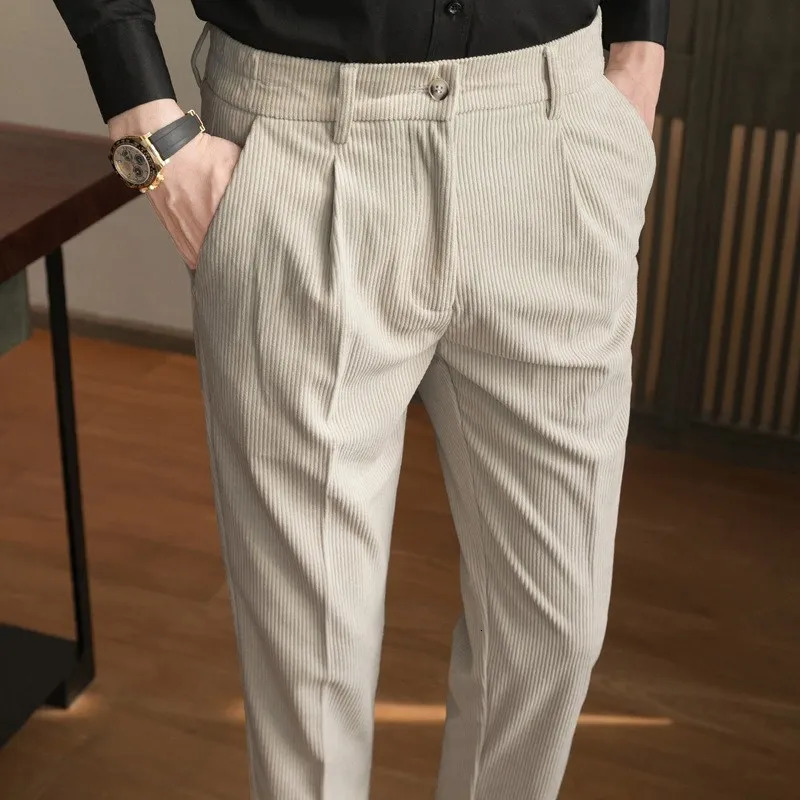 Men Corduroy Elasticity Solid Casual Pencil Pants Autumn Winter Fashion Regular Business Straight Suit Trousers Brown Blue Khaki 240806