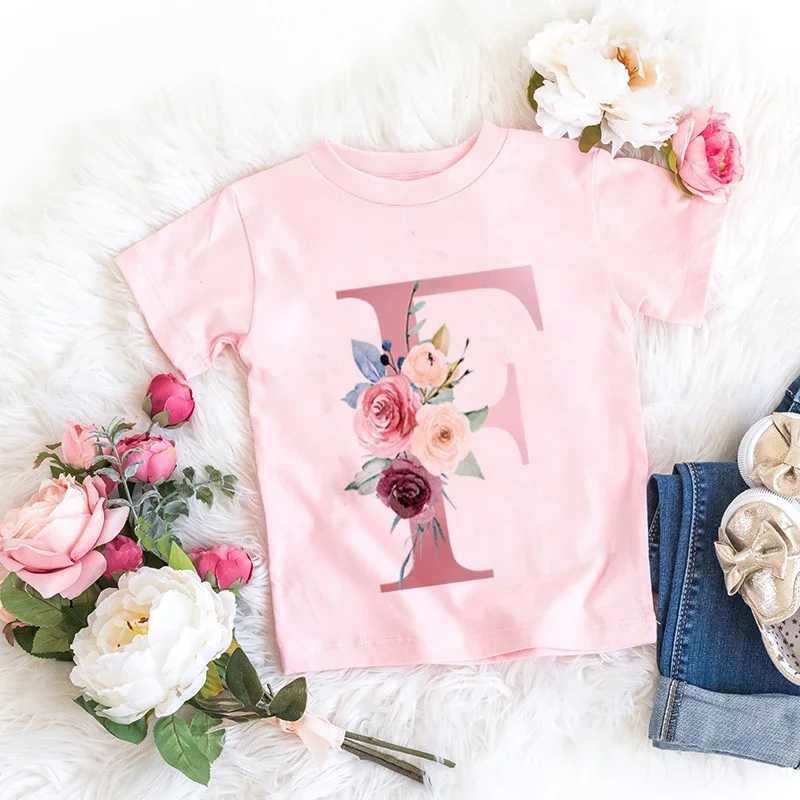 Retro floral T-shirt cotton pink lucky letter 26 English letters A B C D childrens girl boy trend T casual shortsW240718