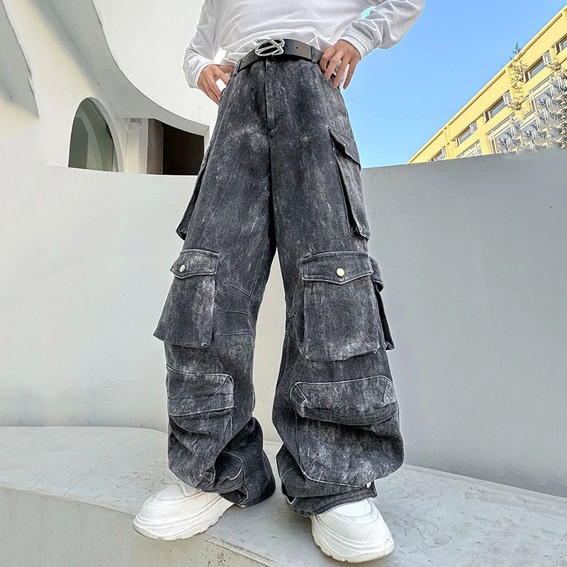 FEWQ Washed Mens Wide Leg Pant Multipockets Male Straight Trousers Casual Gradient Color Niche Design Spring Trendy 9C4400 240806