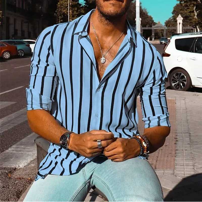 Mens Shirt Button Up Shirt 6XL Summer Shirt Yellow Long Sleeve Striped Lapel Resort Shirt Fashionable Casual ComfortableM240807