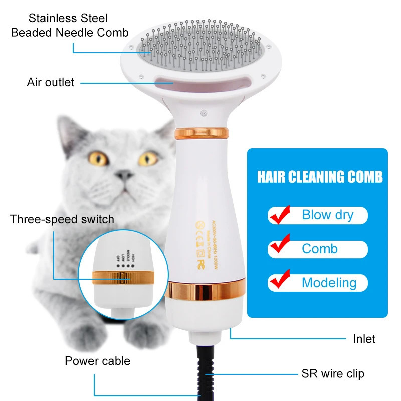 Pet Dog Hair Dryer 2-In-1 Cat Dog Dryer Quiet Comb Brush Grooming Kitten Cat Hair Comb Puppy Fur Blower For Dog Accessories 240807
