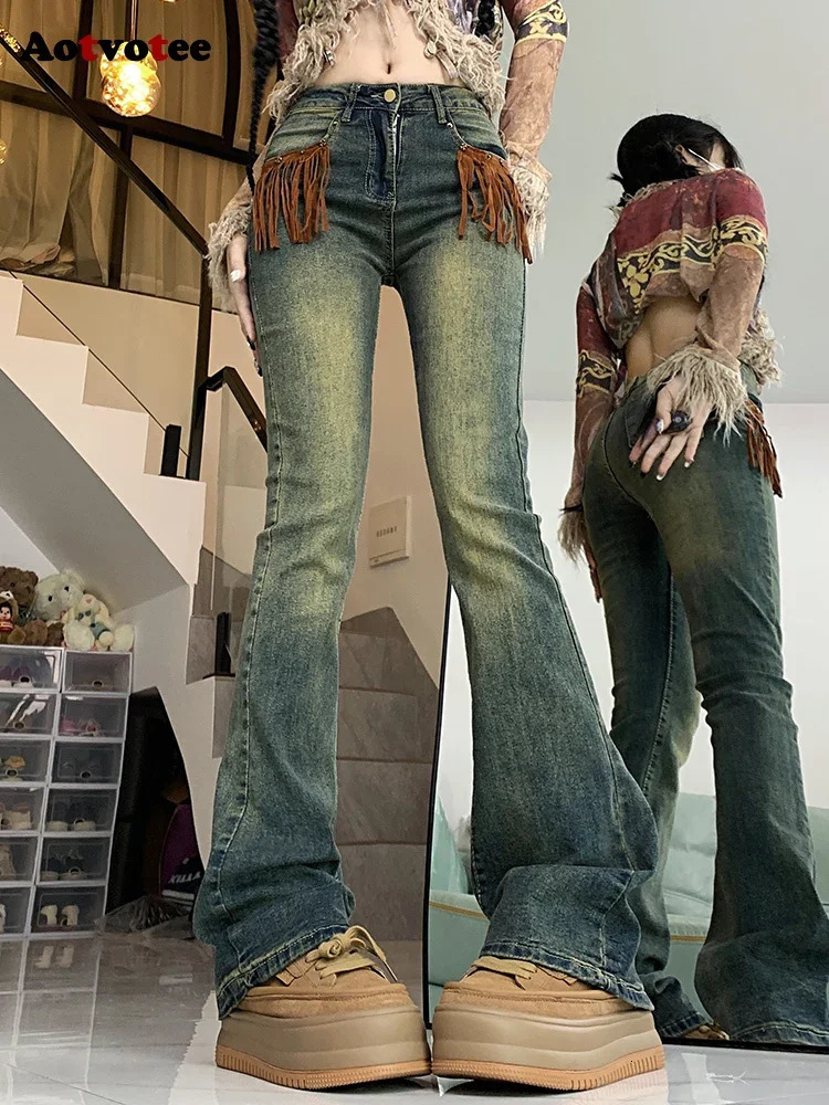 Aotvotee Jeans Woman High Waisted Denim Bell Bottom Pants Tassel Pocket Chic Street Vintage Washed Korean Fashion Jeans 240807