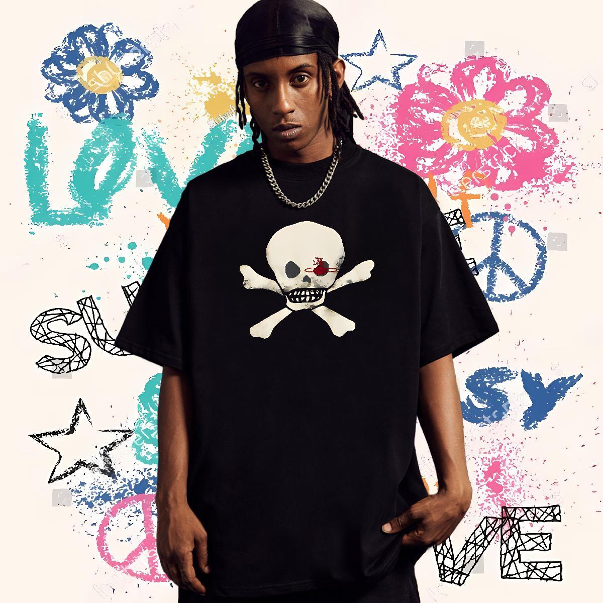 DIY Men T Shirts skull Tees Shirts 100% Cotton 230g High Street Hip Hop Free Shipping Oversized Breathable Crew Neck Men Tops Tees