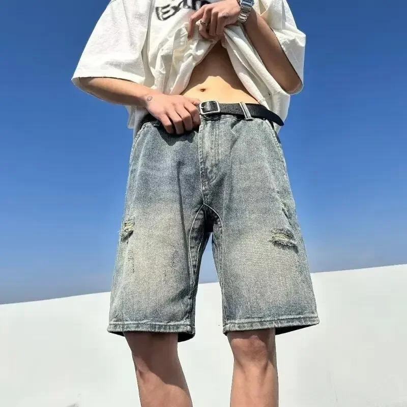 Vintage Ripped Denim Shorts Unisex Loose Fit Wide Leg Casual Style Lightweight Summerwear For Men Women 240807