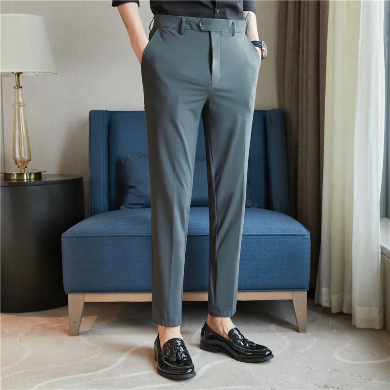 High Elastic Men Pants Summer Thin Fashion Casual Suit Mens Business Formal Straight Sleeve Trousers Plus Size 2838 240806