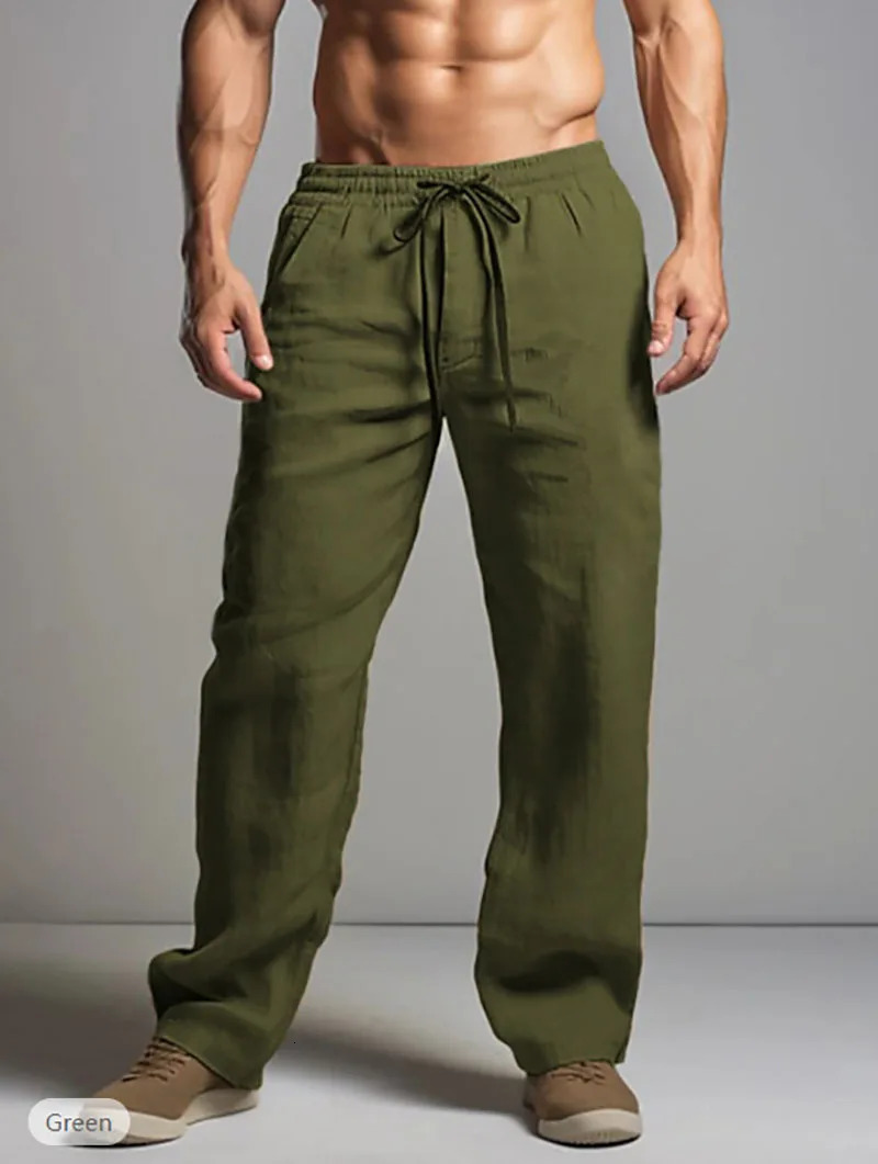 Solid Color Cotton Hemp Pants Drawstring Elastic Waist Straight Leg Breathable Daily Casual Plus Size 240806