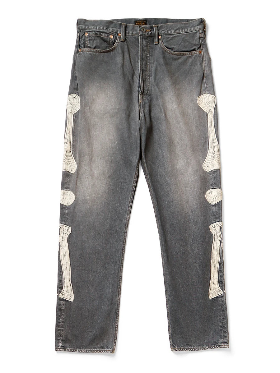 Trendy Harajuku Street Y2K Bone Embroidered Jeans Mens Loose Straight Pants Washed Gray Jeans Mens Summer Hip-hop Trousers 240806