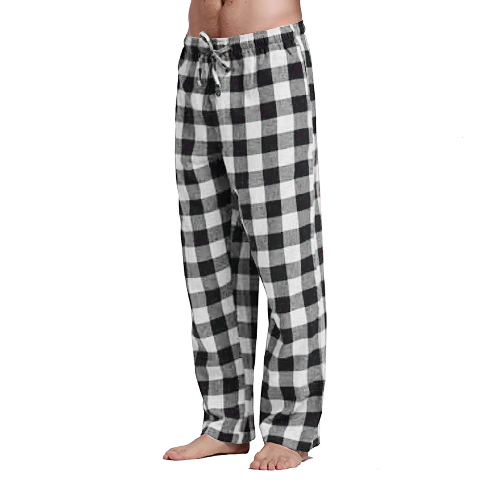 Mens Casual Cotton Pajama Long Pant Soft Comfortable Loose Elastic Waistband Plaid Cozy Sleepwear Home Lounge Fashion Pants 240807