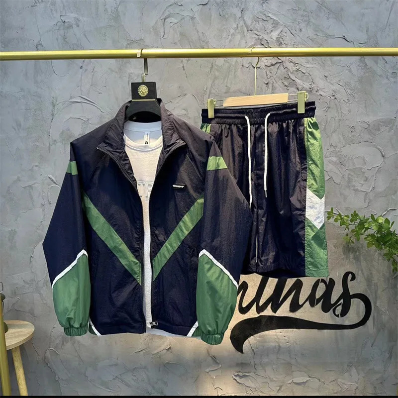 Summer Patchwork Stripe Sunscreen Sets Men Women Retro Varsity JacketSports Shorts Two Piece Set Streetwear Fashion Suits 240806