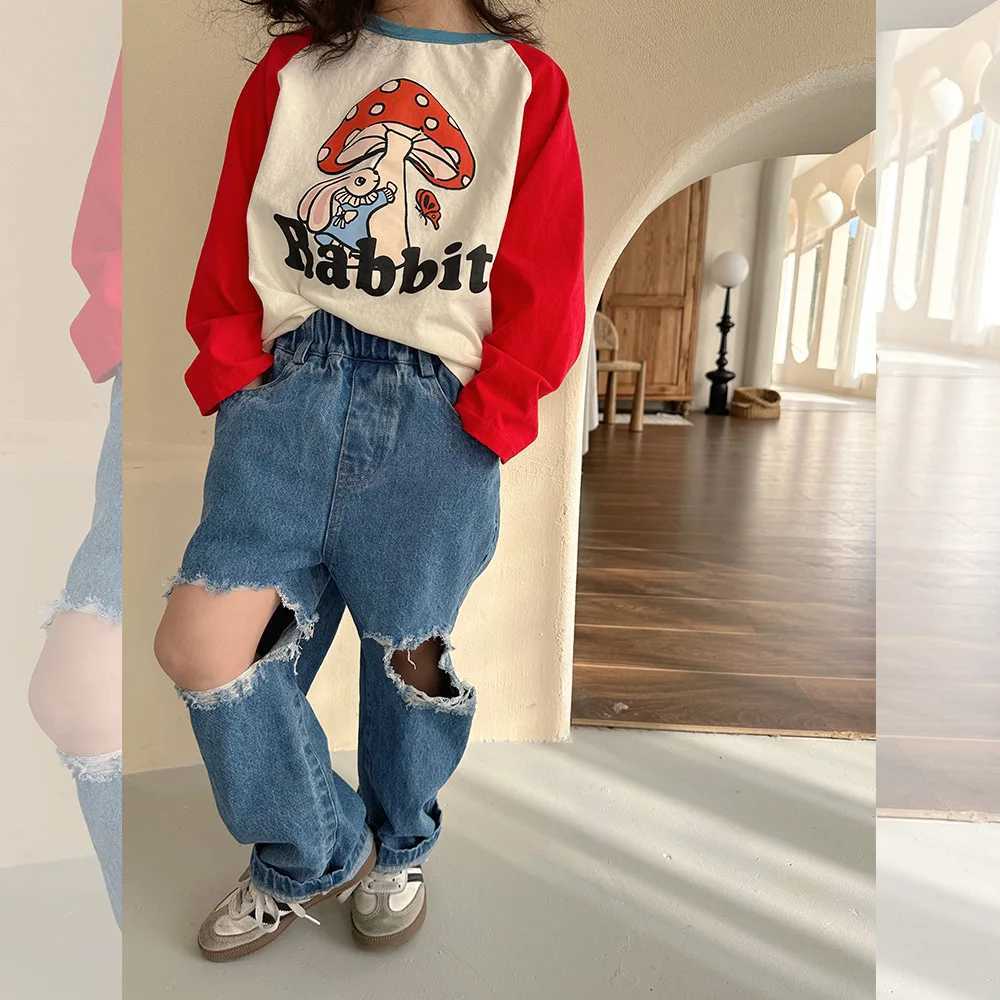 Jeans Spring Children fashion ripped jeans Kids all-match casual denim pants Hip hop style