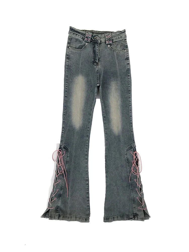 American Retro Y2K Flare Jeans High Waist Slim Bell Bottoms Women Fashion Split Hem Cross Bandage Cozy Denim Trousers Streetwear 240807