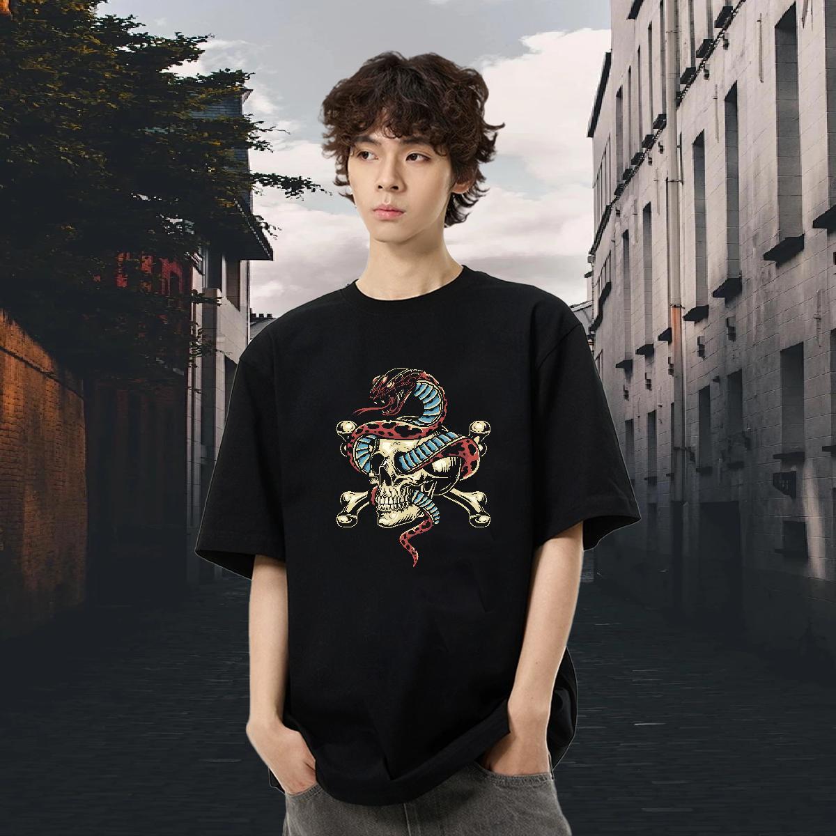 DIY Customized Man T Shirts skull Tops 230g Pure Cotton Sports Casual Popular Anime Print Crew Neck Breathable Mens Tshirts