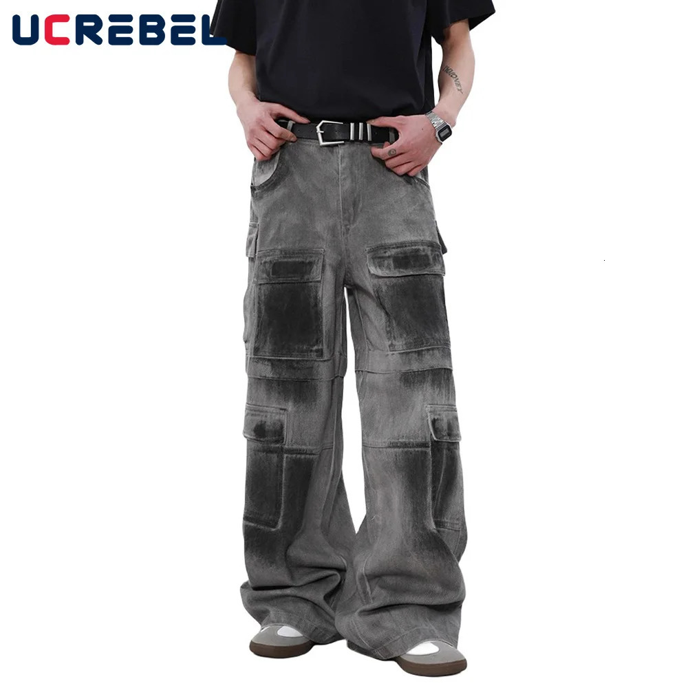 MultiPocket Cargo Trousers Mens Washed Distressed High Street Loose Straight Wide Leg Pants Men 240806