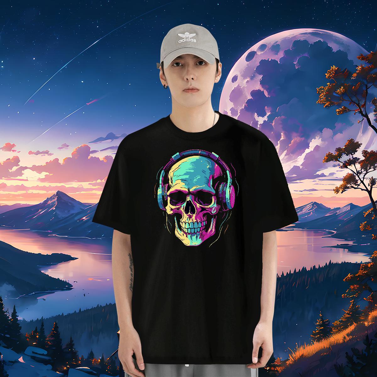 Casual New T Shirts Men skull Top Tees 230g Pure Cotton Daily Outfit Loose Anime Breathable Crew Neck Men Tops Tees