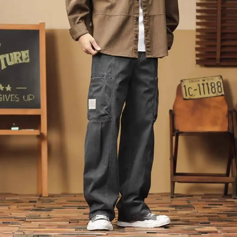 Japanese Vintage Heavy Duty Washing Cargo Pants Mens Spring Autumn Loose Fit Straight Leg Casual Trousers Trendy Male 240806