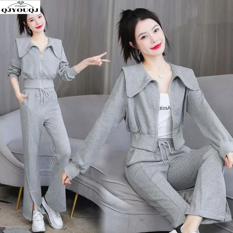 Fashion suit autumn style temperament doll collar cardigan top casual sports pants two-piece set 240807