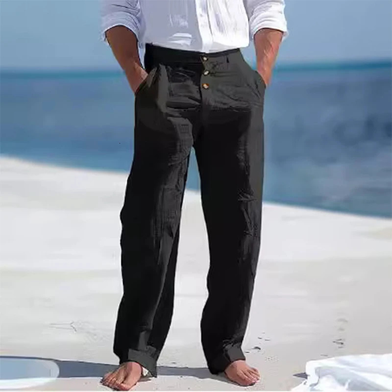 Autumn Vintage Buttonup Cotton Linen Pants Men Solid Color Loose Straight For Mens Seaside Beach Style Casual Male 240806