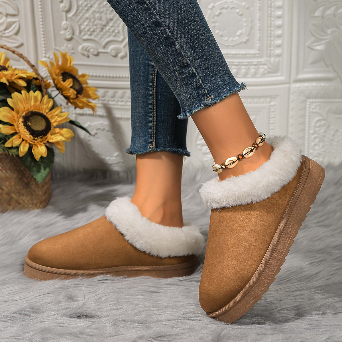 2025 Fashion Hairy Mouth Snow Boots Womens Winter New Style Thick Bottom Short Tube One Step Lazy Large Cotton Shoes