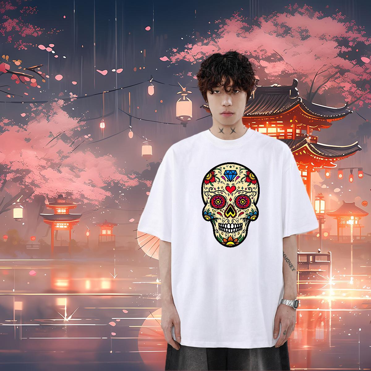 Brand T Shirts Men skull Top Tees 100% Cotton 230g Sport Loose Fit White Plus Size Breathable Men Tops Tees