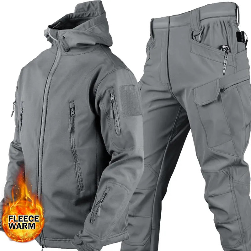 Autumn Winter Tracksuits Set Men Waterproof Jackets Fishing Hiking Camping Climbing Fleece Hooded Sets 240806