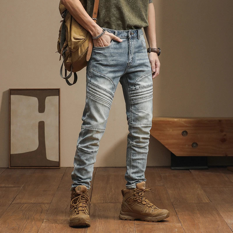 American highend trend Slim personality craft splicing biker small leg pants vintage mens jeans distortion denim 240806