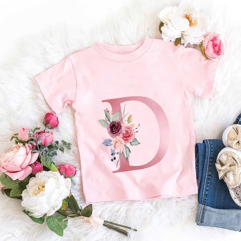 Retro floral T-shirt cotton pink lucky letter 26 English letters A B C D childrens girl boy trend T casual shortsW240718