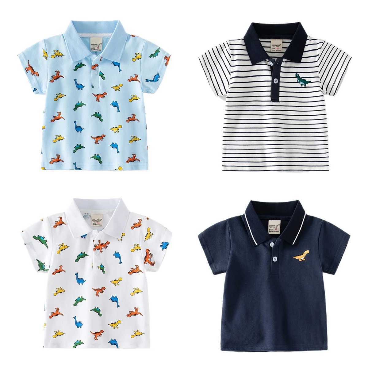 New boys short sleeved T-shirt for summer 2024 casual breathable cotton polo shirt suitable for children printed age 3-8 4 colors W241223