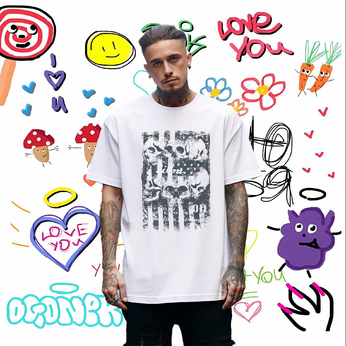 Fashion New Man T Shirts skull Tops 230g Cotton Spring Summer Wholesale Oversized 3XL 4XL Breathable Soft Men Clothes T-Shirt