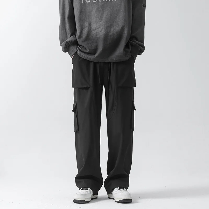 APPEARWAY Summer Mens Cargo Pants Korean Solid MultiPockets Straight Male Hip Hop Street Elastic Waist Loose Trousers 240806