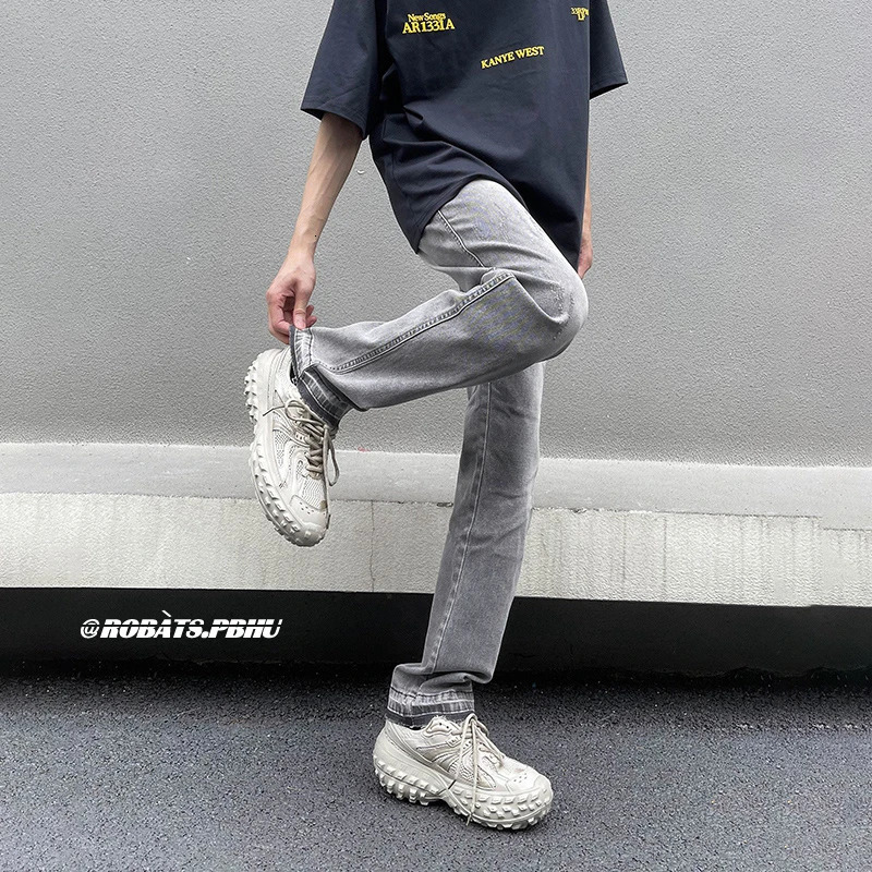 CUMUKKIYP Fashionable Streetwear Jeans Men Y2k Baggy Hosen Denim Pants Washed Vintage Light Grey 240806