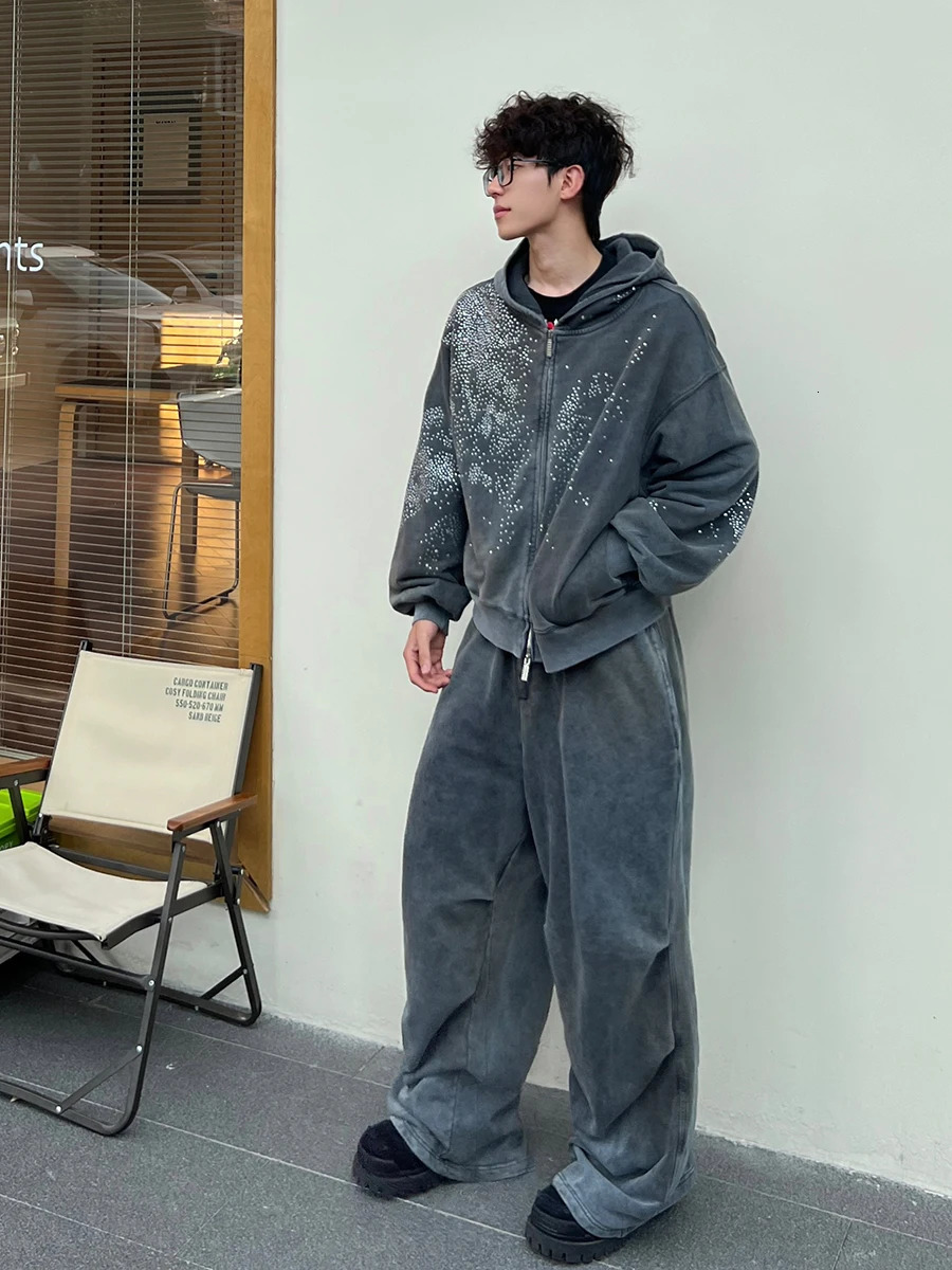 Style Retro Hip Hop Wash Made Of Old Mud Dye Drawstring Wide Leg Casual Pants Loose Sweatpants Man 240806
