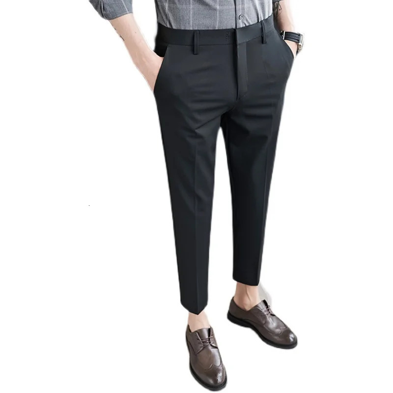 Mens English Style Solid Highwaisted Casual Slim Fit Pants Highquality Dress Business Leisure 36 240806