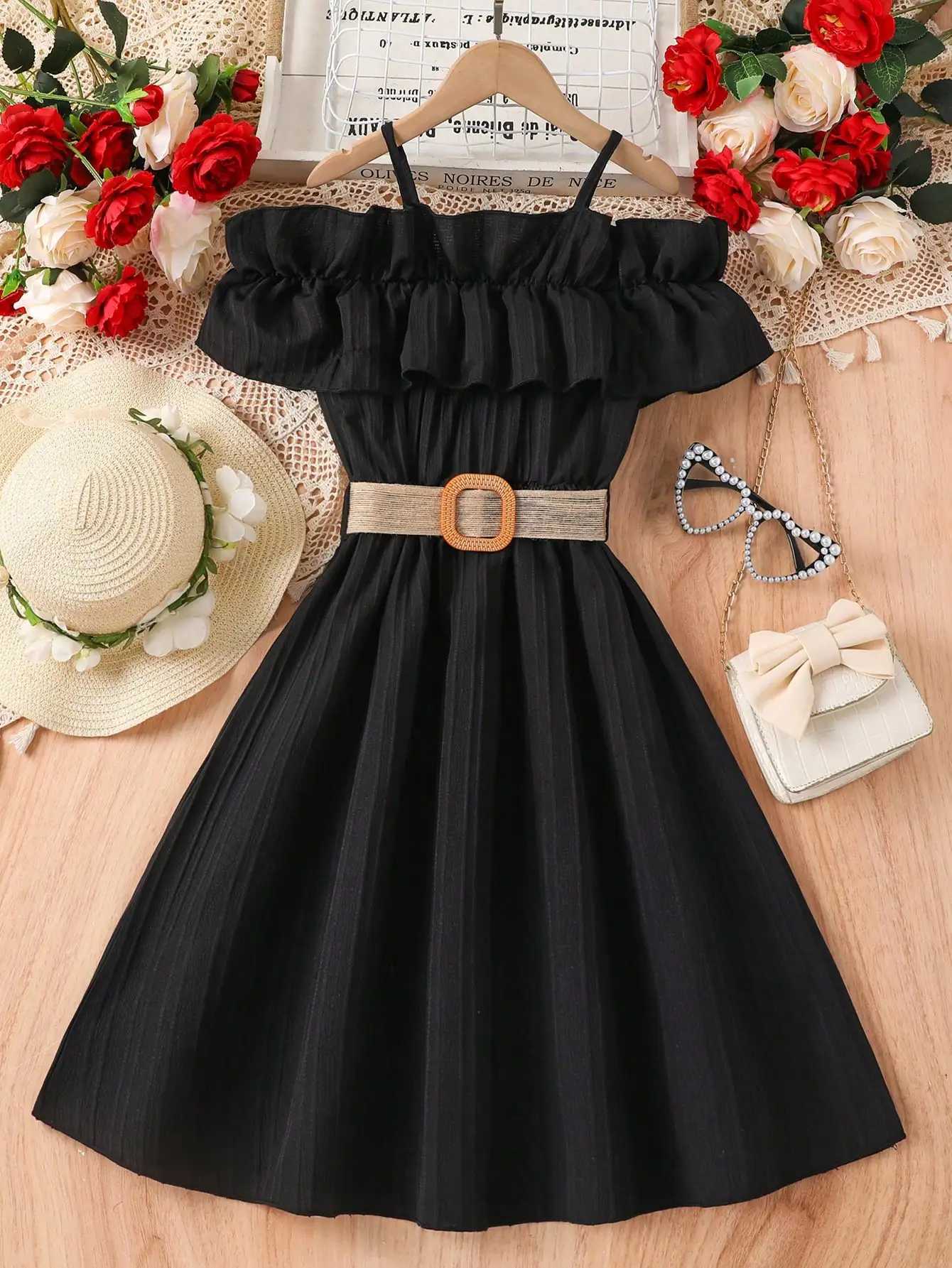 Girls Summer Elegant Fashion Black Belt DressW240720