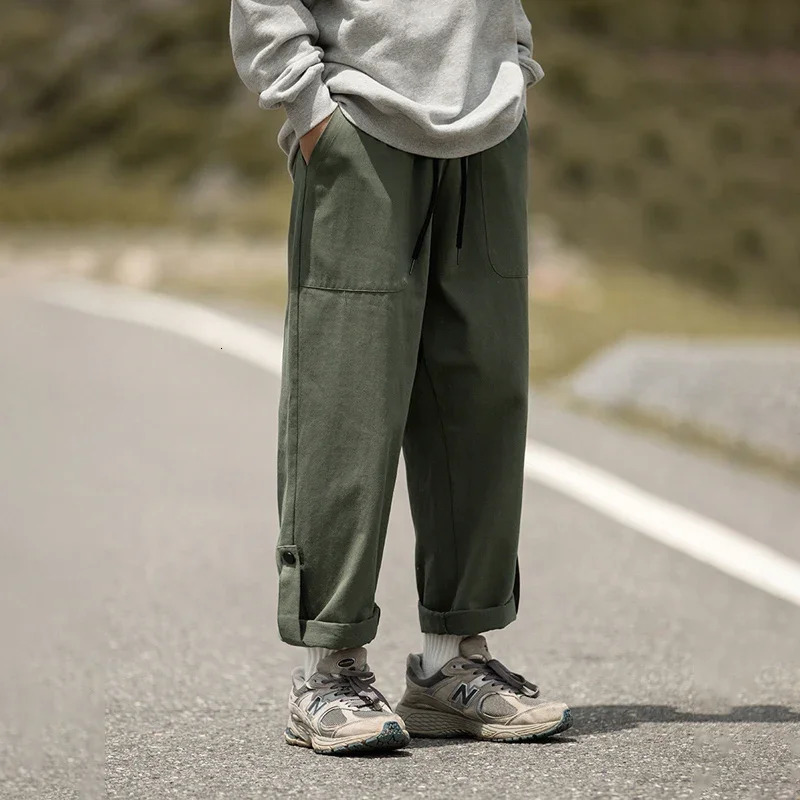 TFETTERS Mens Autumn Cargo Pants Baggy Mid Cotton Straight Leg Man Fleece Thickened Outdoors Trousers 240806