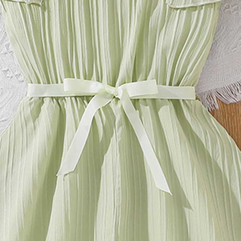 2024 new summer girls slip dress with lace green shoulder flower belt fashionable and cute casual princess dress for children aged 8-12W240720