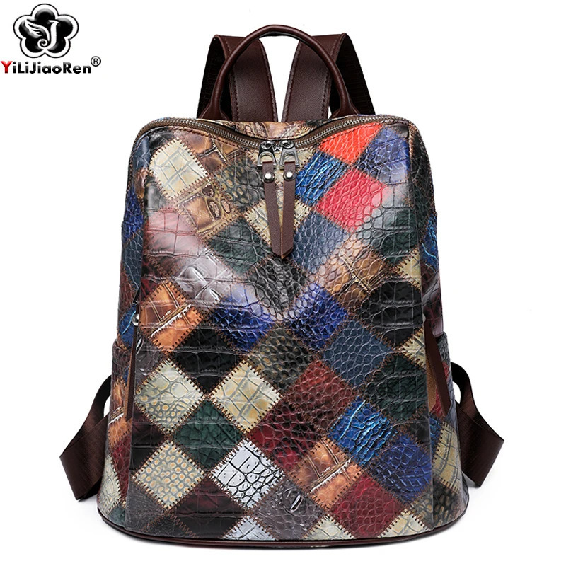 Fashion Plaid Backpack Womens Soft Leather Daypack Large Rucksack Travel Bag 240807