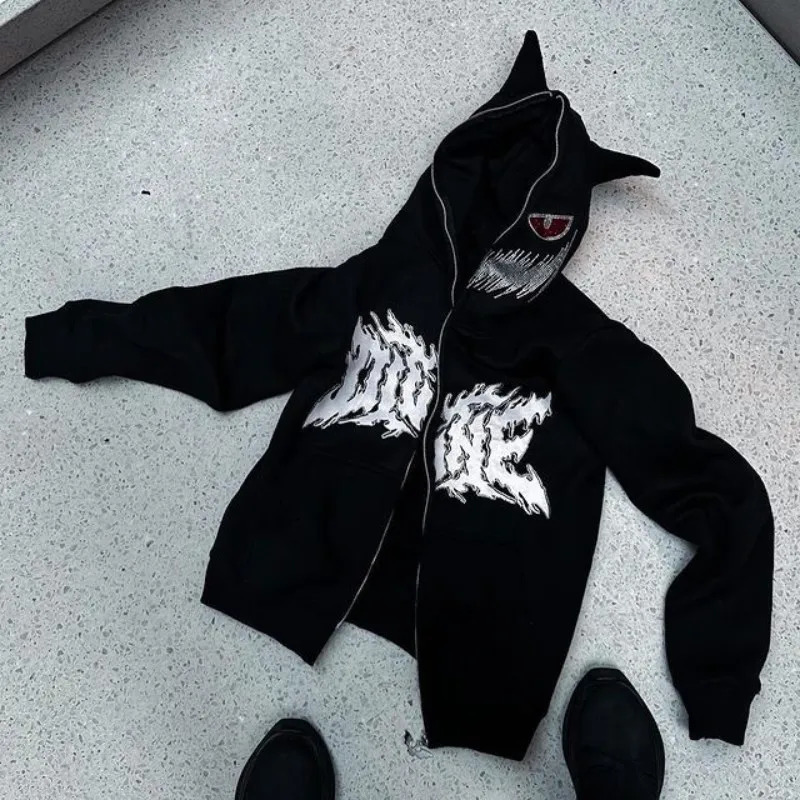 Aesthetic Y2K Streetwear Hoodie Women Men Rhinestone Skeleton Loose Sweatshirts Zip up Hoodie Goth Hoodies Jacket Hip-hop Grunge 240807