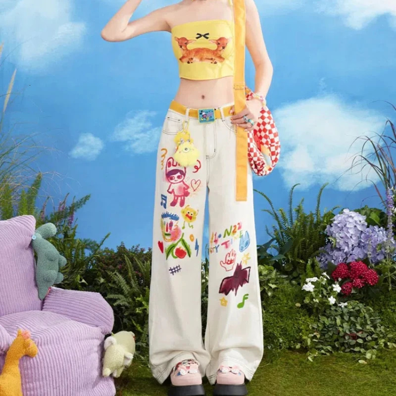 Kawaii Cartoon Young Style Sweet Summer Straight Jeans Women Printing Pockets Zipper Fashion Loose High Waist Wide Leg Trousers 240807