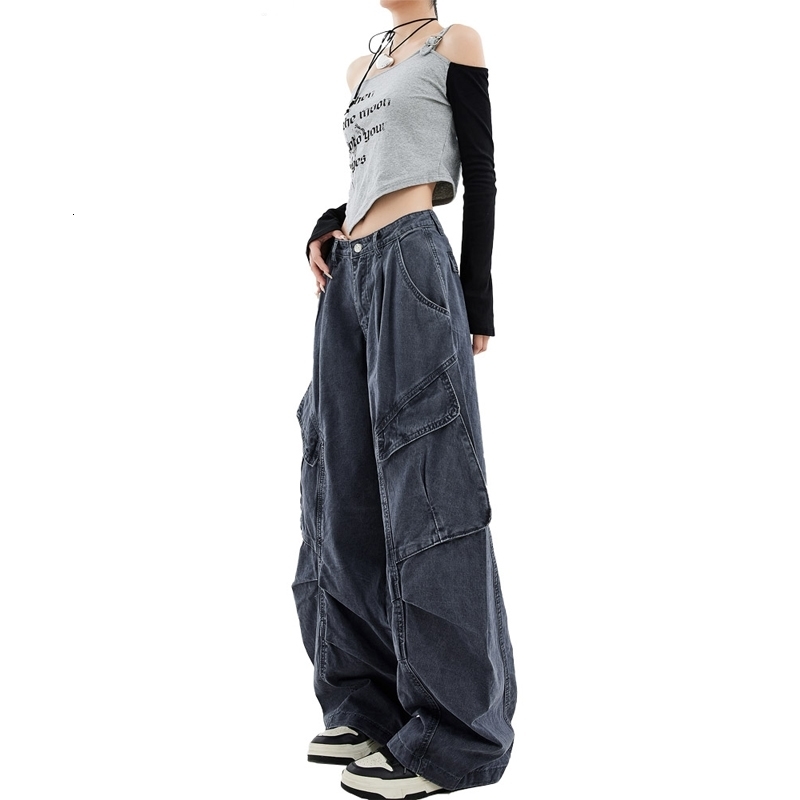 Womens Grey Y2k Cargo Jeans Harajuku Japanese 2000s Style 90s Aesthetic Denim Trousers Jean Pants Vintage Trashy Clothes 240806