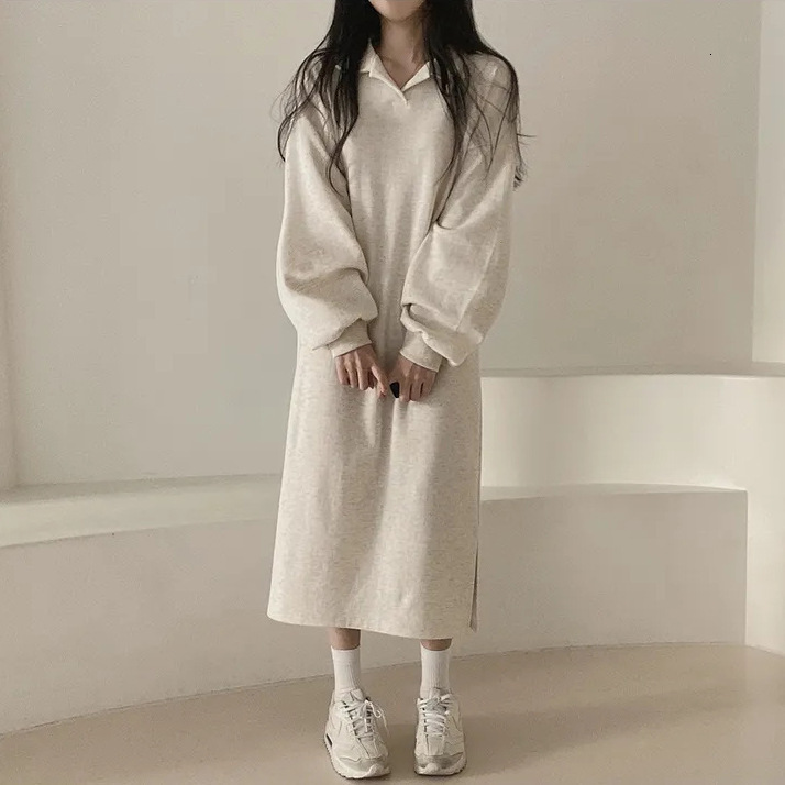 Korean version solid color autumn/winter POLO collar, spring/autumn internet famous new plush, loose lazy style, long and chubby mm dress