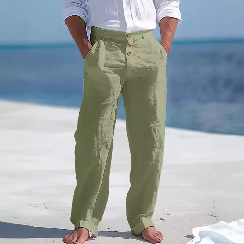 Autumn Vintage Buttonup Cotton Linen Pants Men Solid Color Loose Straight For Mens Seaside Beach Style Casual Male 240806