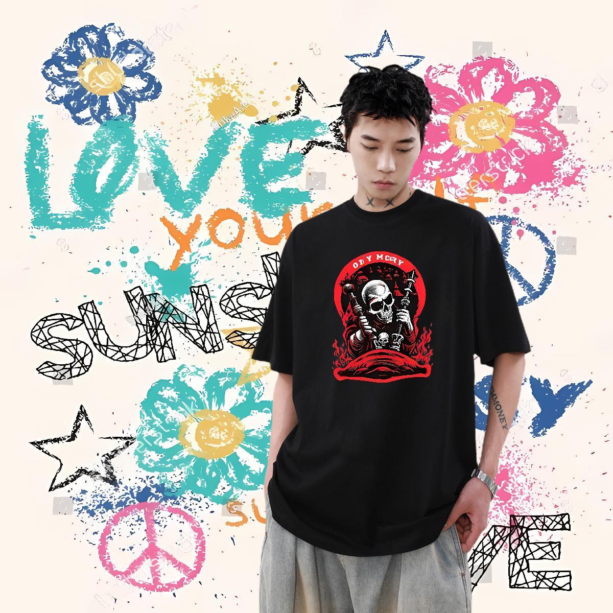 New Arrival T Shirt For Man skull Top Tees 100% Cotton 230g Anime Printing Street Soft Floral Print Breathable Short Sleeve Couples T Shirts