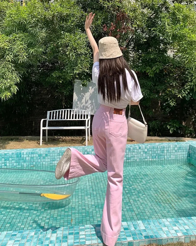 Summer With Pockets Pants for Woman Pink Womens Jeans High Waist S Flared Bell Bottom Straight Leg Flare Trousers 2000s Y2k 240807