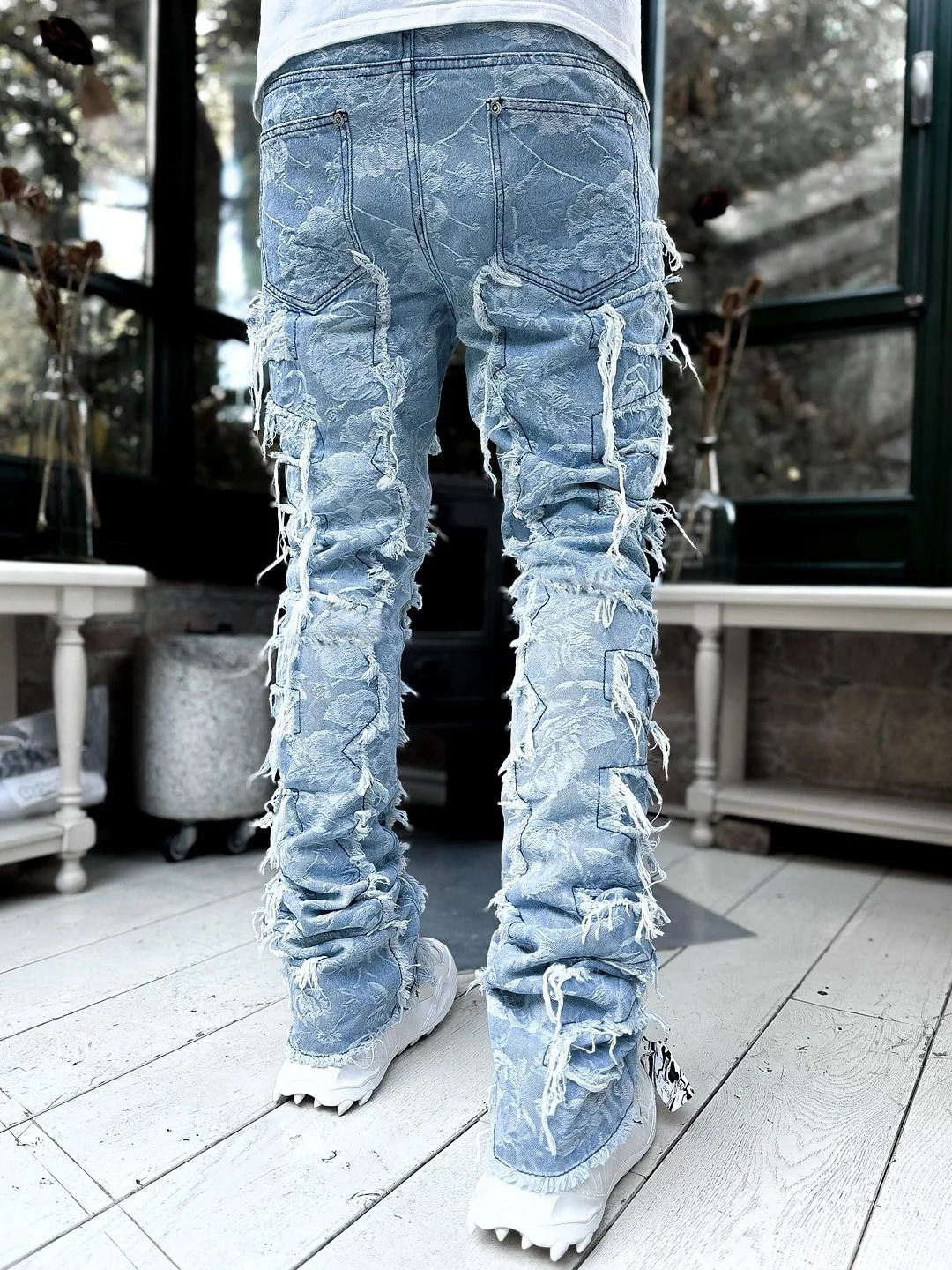 High Street White Mens Stacked Jeans Stretched Patchwork Tassel Damaged Denim Full Length Pants Hippop Trousers For Male 240806
