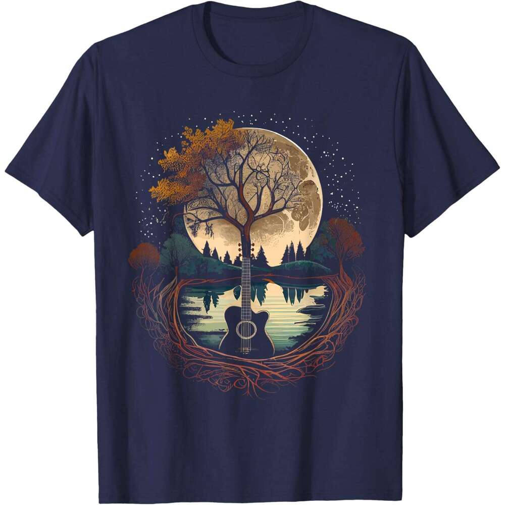 Mens T shirt Acoustic Guitar Tree and Moon By The Lake Guitarist T-Shirt shirts tshirt graphic tee Casual tops summer clothes Short sleeve Free shippi
